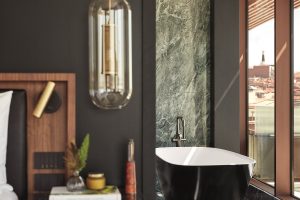 freestanding black bath in the guestroom at Thompson Madrid