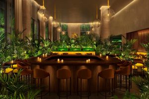 Lilac Bar in EDITION Tampa with greenery and pendant lighting