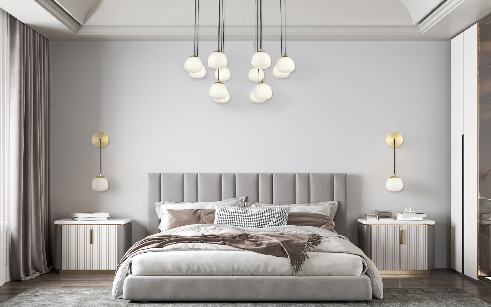 Vermeer ceiling light by Franklite in a grey and white bedroom