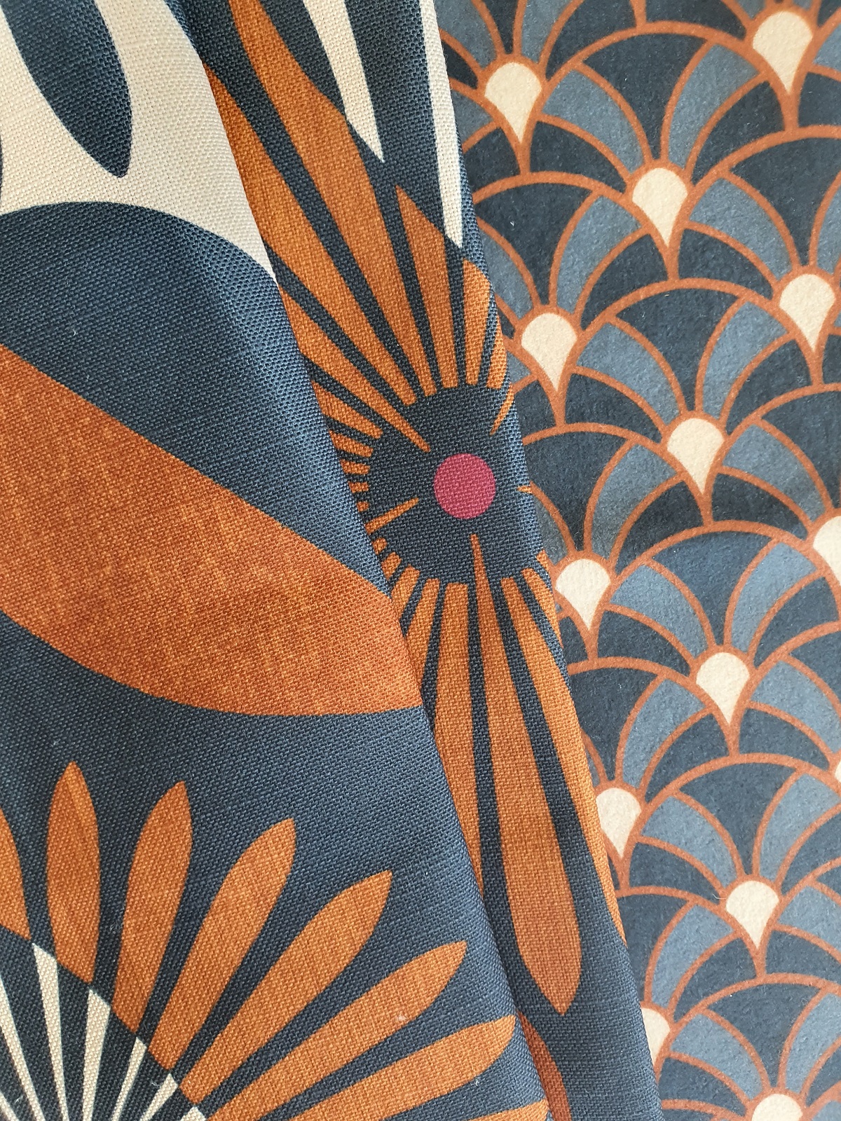 skopos fabrics from the Kimono and flamingo collections in blue and orange colourway