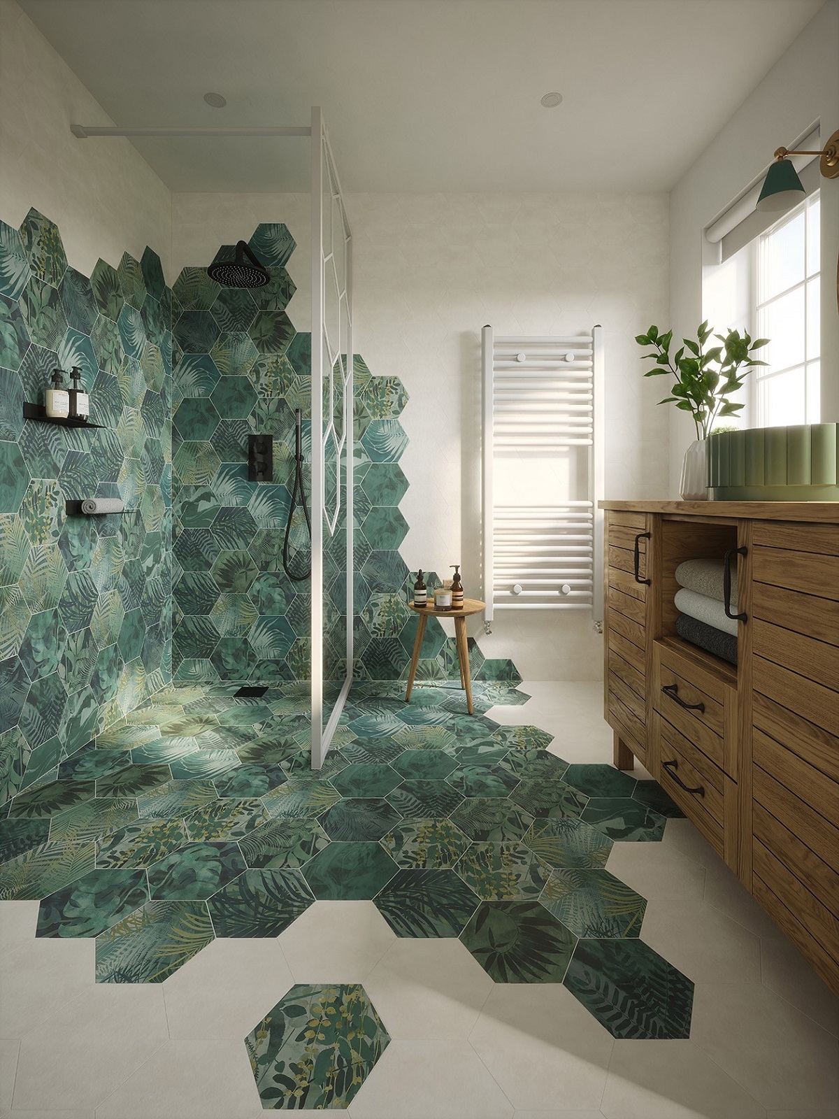hexagon jungle tile on floor and wall in the shower