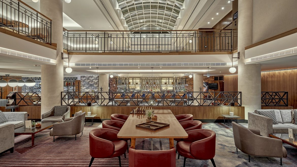 view across the lobby of Prague Marriott