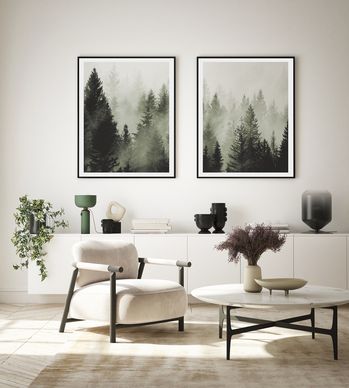 Wilderness range of WallArt by Newmor framed in a contemporary style white interior