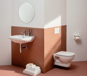 terracotta and white bathroom with Lua fittings by Laufen