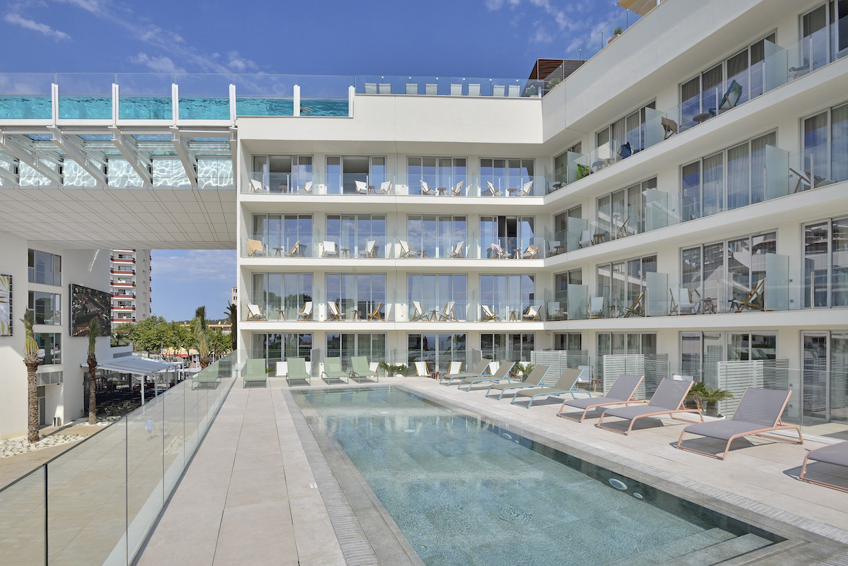 Glass exterior of modern hotel in Magaluf