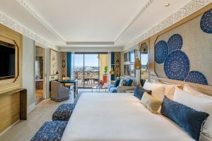 blue and white guestroom in Fairmont Tazi Palace Tangier