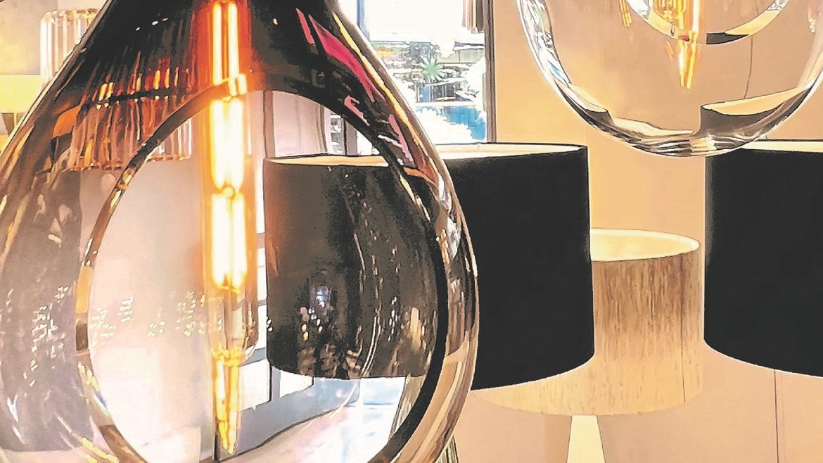 glass pendant lights in the showroom at Christopher Hyde Lighting