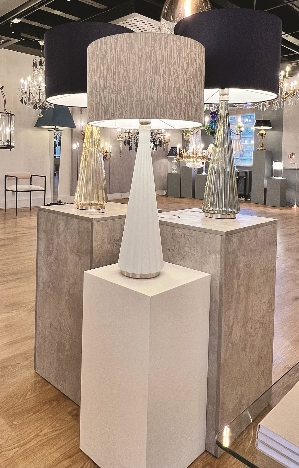 geometric cylinder shaped table lamp base designed by Christopher Hyde lighting and on display in the showroom