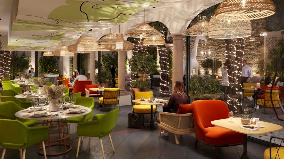 restaurant and terrace design with ceiling mural and wicker lighting