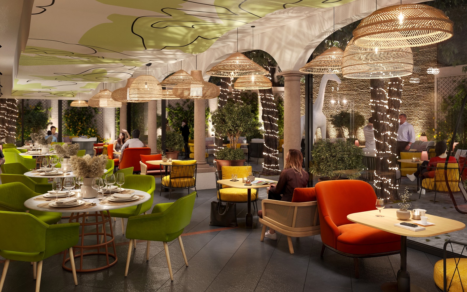 restaurant and terrace design with ceiling mural and wicker lighting