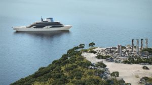 Four Seasons luxury yacht moored on Greek coastline