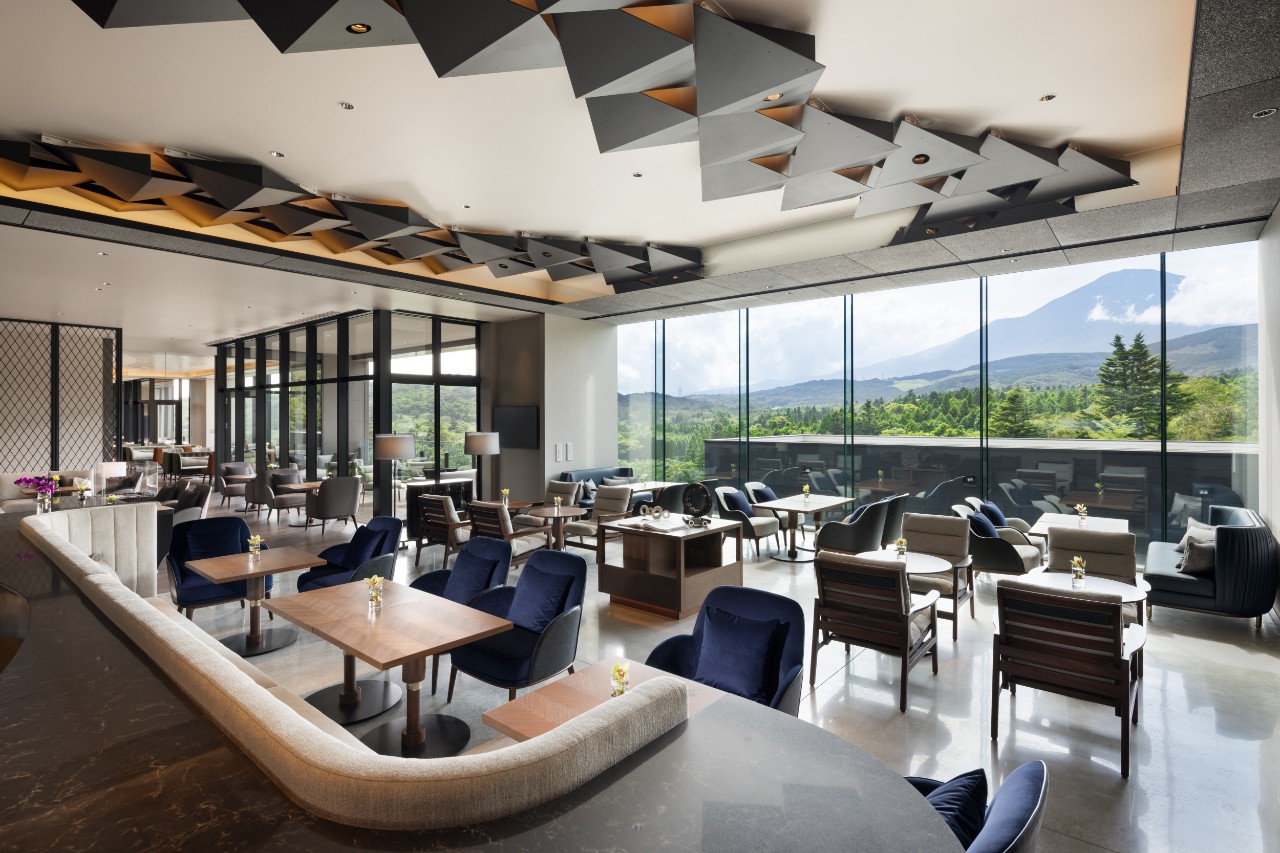 Contemporary design inside restuarant with geometric patterns on ceilings