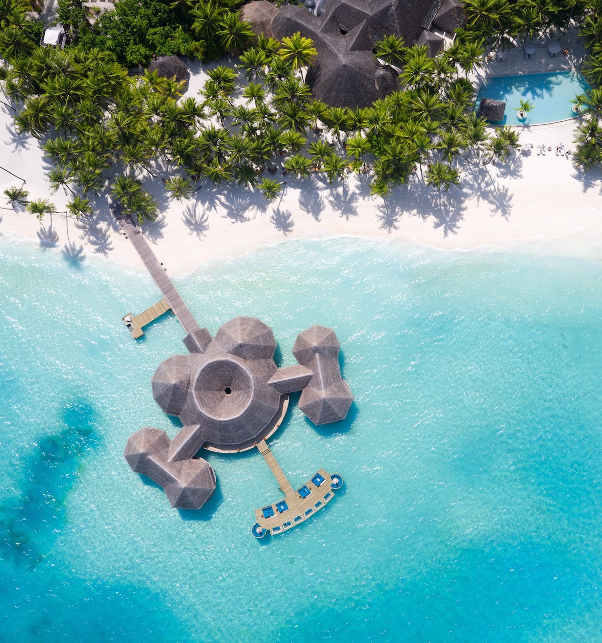 Aerial shot of overwater bar and restaurant at Gili Lankanfushi