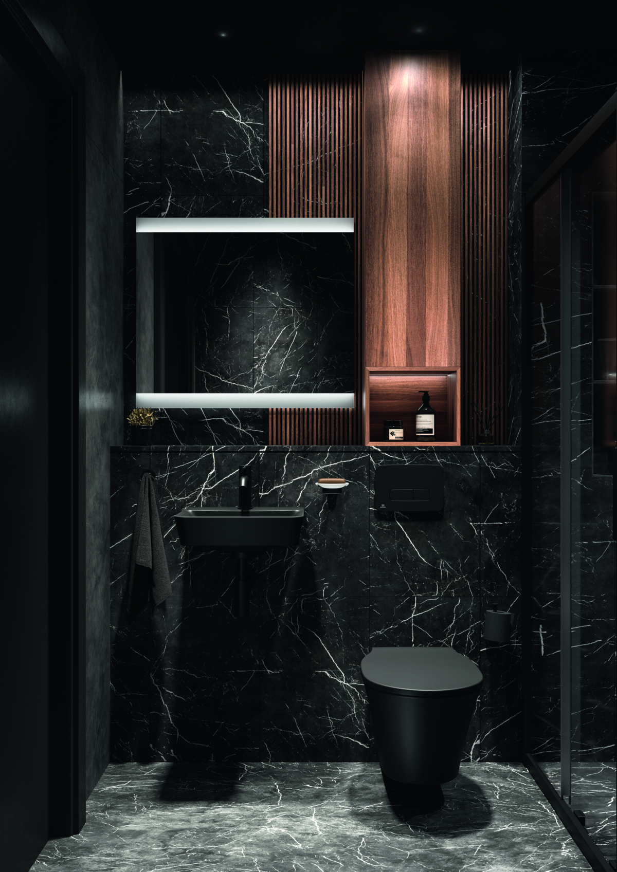 black bathroom basin and toilet against black marble surface