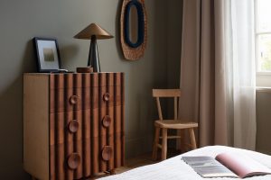 wooden drawers and chair in guestroom of Town Hall Hotel designed and made by Jan Hendzel