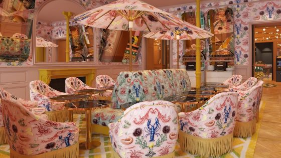 colourful and patterned interior with umbrellas in Mama shelter Rennes