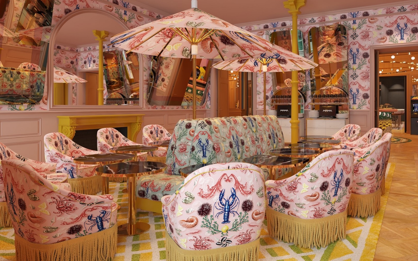 colourful and patterned interior with umbrellas in Mama shelter Rennes