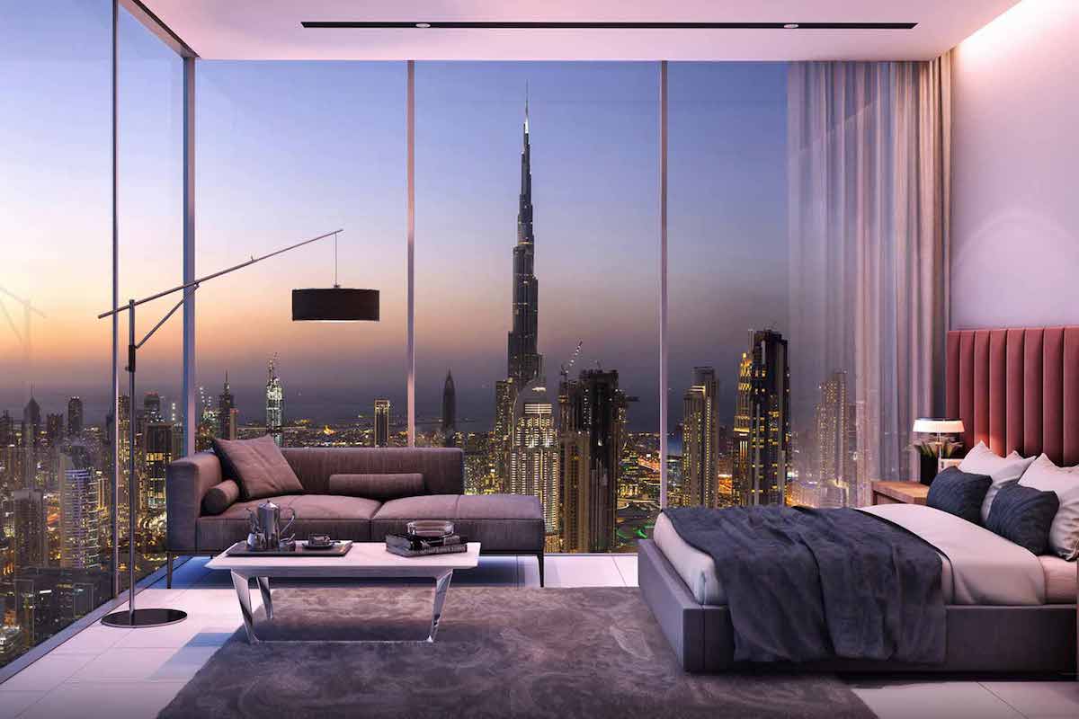 SLS Dubai Suite - bedroom and sofa -overlooking city