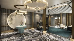 Vestíbulo con imágenes de inspiración china y suelo de mármol en el Four Seasons Hotel Suzhou