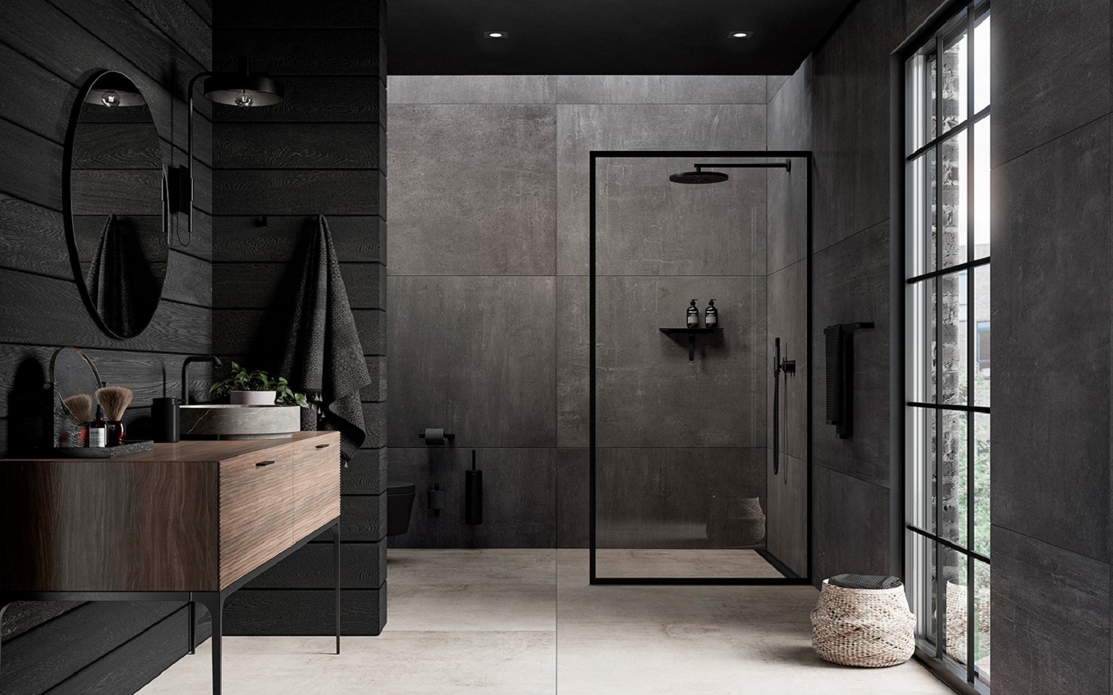 Unidrain fittings in an industrial style bathroom with black details