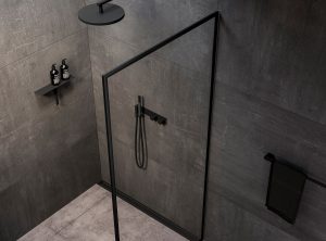 black shower frame and fittings in the Unidrain Reframe range