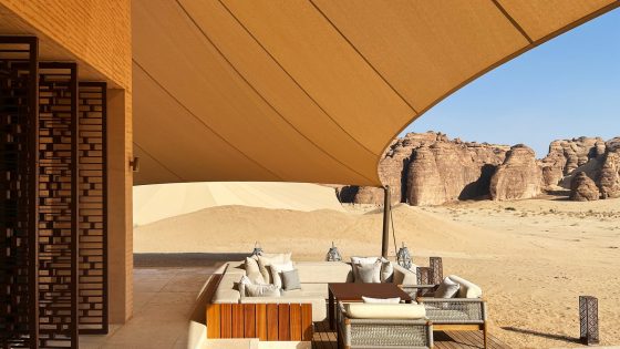 view from tented terrace across the desert at Banyan Tree Alula with design by AW2