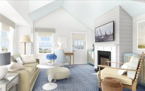 lounge and seating in pastel tones in White elephant Nantucket suite