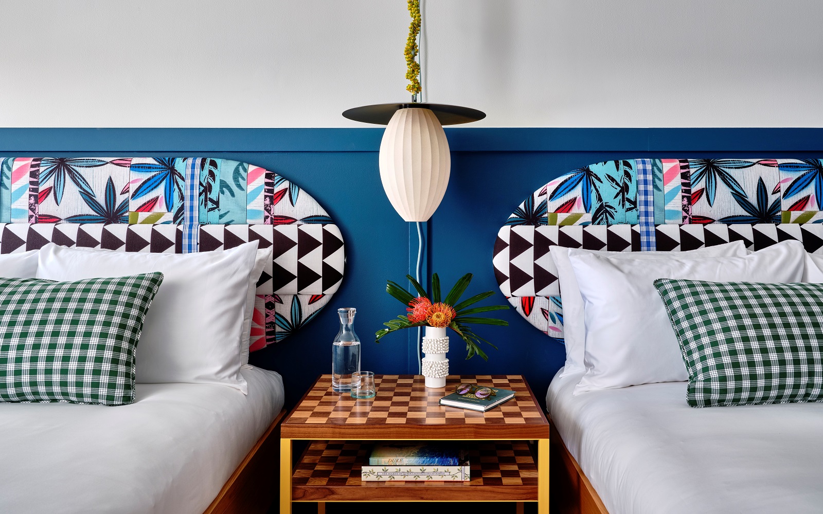 guestroom headboard detail with pattern on colpour at The Wayfinder Waikiki