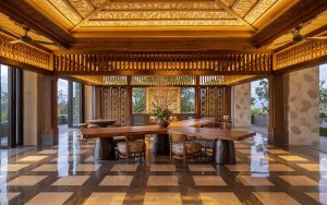 Ayana Segara Bali hotel lobby with traditional architectural features