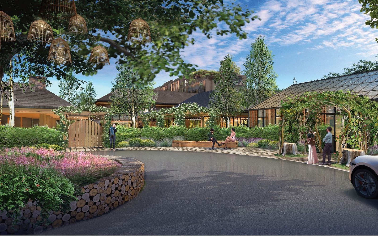 render of arrival courtyard at Treehouse Hotel California