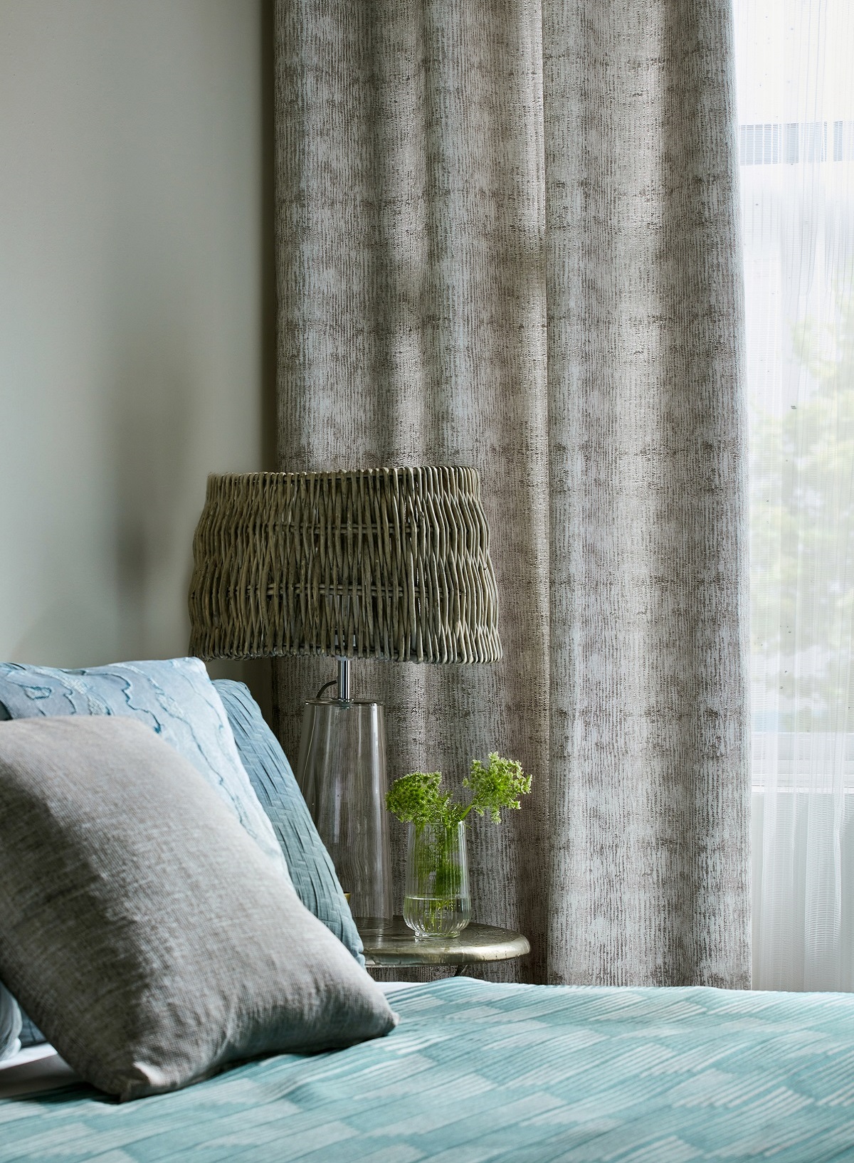 curtains and cushions in fabric from Sekers Deco collection