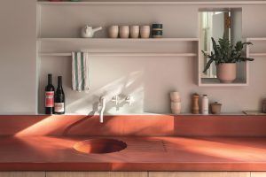 White Tara taps by Dornbracht contrast with dark orange kitchen surface