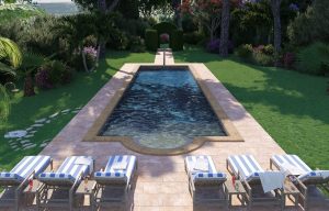 private swimming pool with blue striped loungers in mediterranena gardens of Grand Hotel du Cap Ferrat
