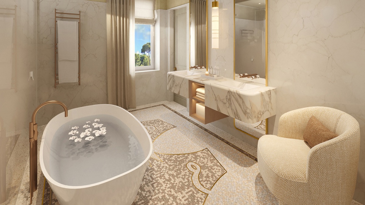 bathroom in cream abd gold and marble in villa at Grand Hotel du Cap Ferrat