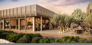 pool bar and restaurant space framed by olive trees and a seaview at Ikos Porto Petro