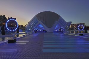 LEDS C4 blue lighting of event venue in Valencia with corporate logo