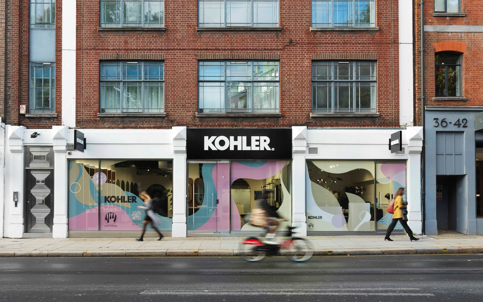 KOHLER London showroom window painted colourful abstract design by Lois O'Hara