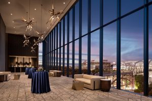 Four Seasons Hotel Nashville event space with floor to ceiling windows looking out over the city