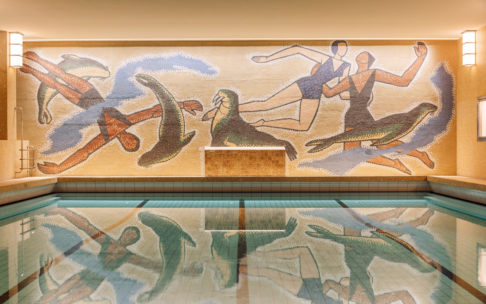 art deco mosaic on the wall in the spa and swimming pool of Sommerro hotel in Oslo