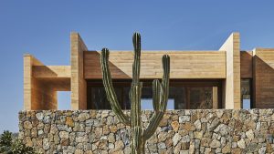 view of natural stone and wood guestroom with cactus at Four Seasons Tamarindo in Mexico