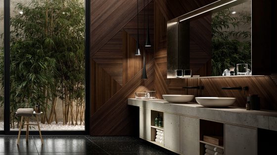 Loop & Friends bathroom washbasins by Villeroy & Boch on stone counter with wooden stool in front of window and bamboo