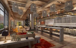 wooden floor and rust carpet with rustic lighting shown in render of restaurant in Omni Tempe Hotel at ASU