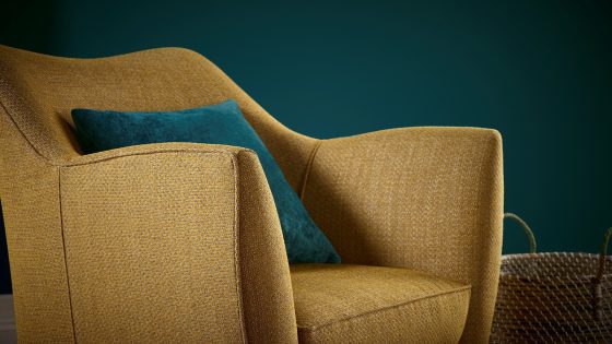 chair and cushion in Sekers fabric in mustard and teal from the Odisha Collection