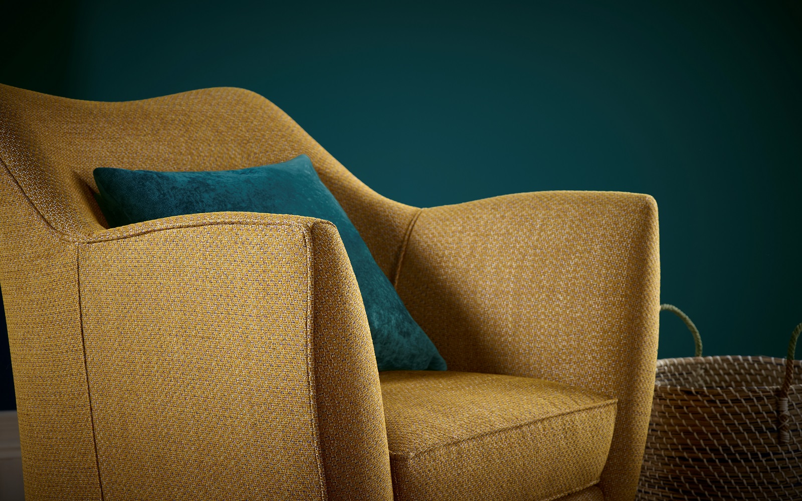 chair and cushion in Sekers fabric in mustard and teal from the Odisha Collection