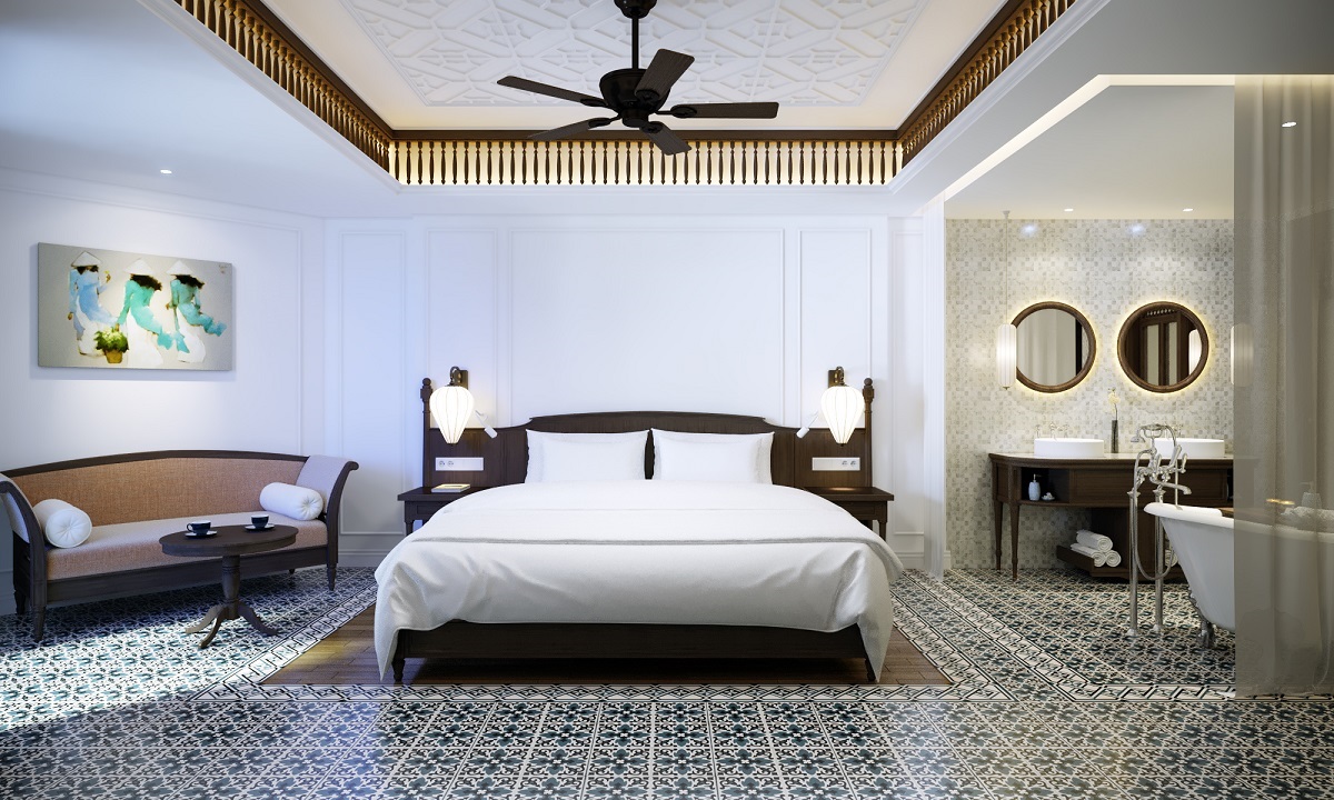 guestroom in The Anam Mui Ne with customised black and white tiles and traditional design elements