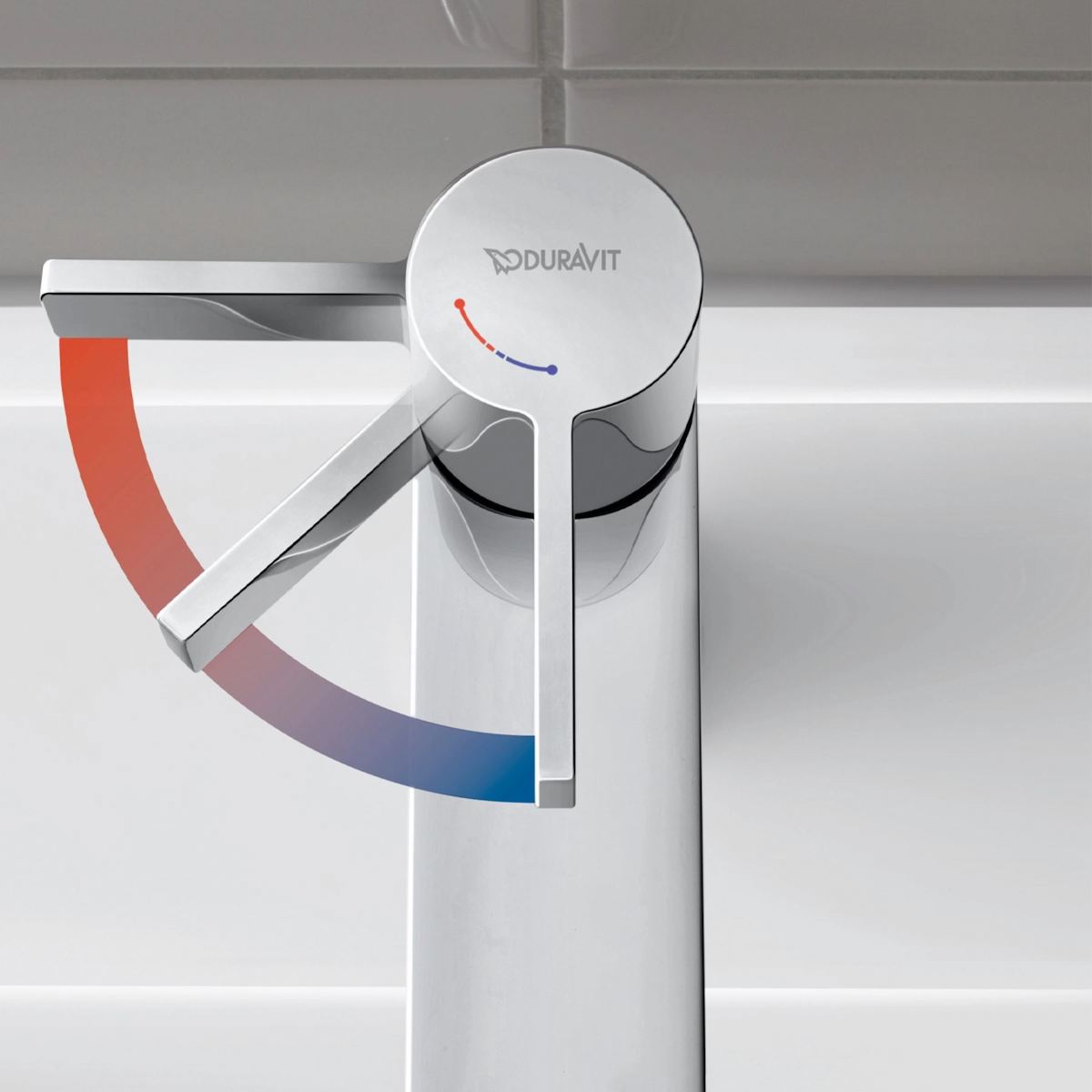 Image caption: Contemporary faucets with the FreshStart function offer potential savings because only cold water flows in the central position. Only when the handle is deliberately moved to the left is hot water added to the mix. The Duravit AG single-lever mixers ensure sparing use of energy and resources.