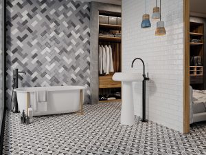 pattern floor tile and herring bone grey tiles on the bathroom walls to reflect light from CTD tiles