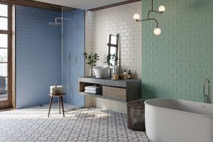 tiles in blue , green and white from CTD Tiles on the bathroom walls