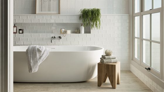 CTD Tiles white bathroom tiles with wooden stool and white freestanding bath