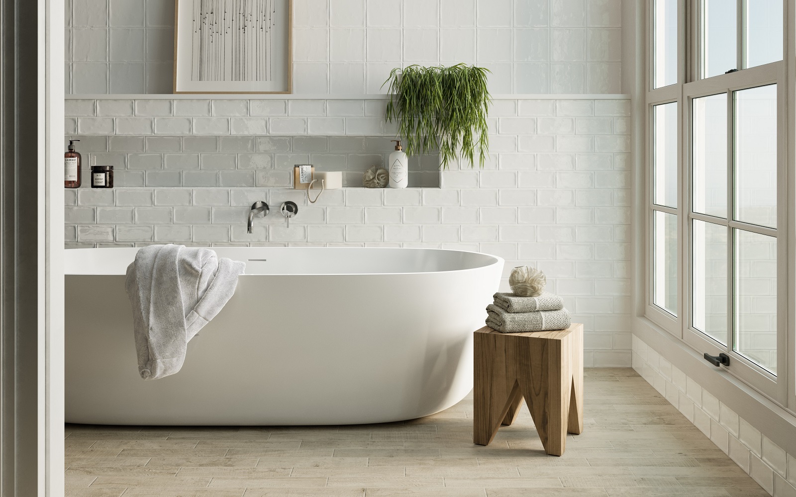 CTD Tiles white bathroom tiles with wooden stool and white freestanding bath